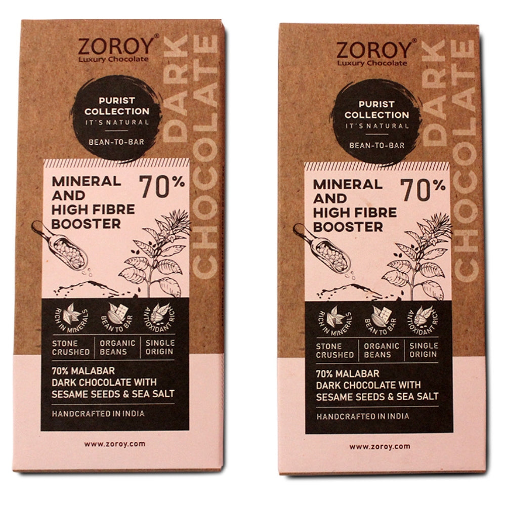 ZOROY Purist Collection, Set of 2 70% Organic Dark chocolate, Mineral and high fibre booster bar with Seasame seeds and Natural sea salt - 116gms
