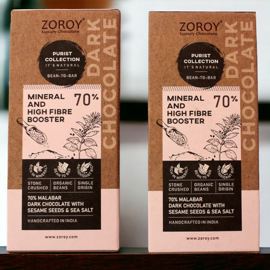 ZOROY Purist Collection, Set of 2 70% Organic Dark chocolate, Mineral and high fibre booster bar with Seasame seeds and Natural sea salt - 116gms