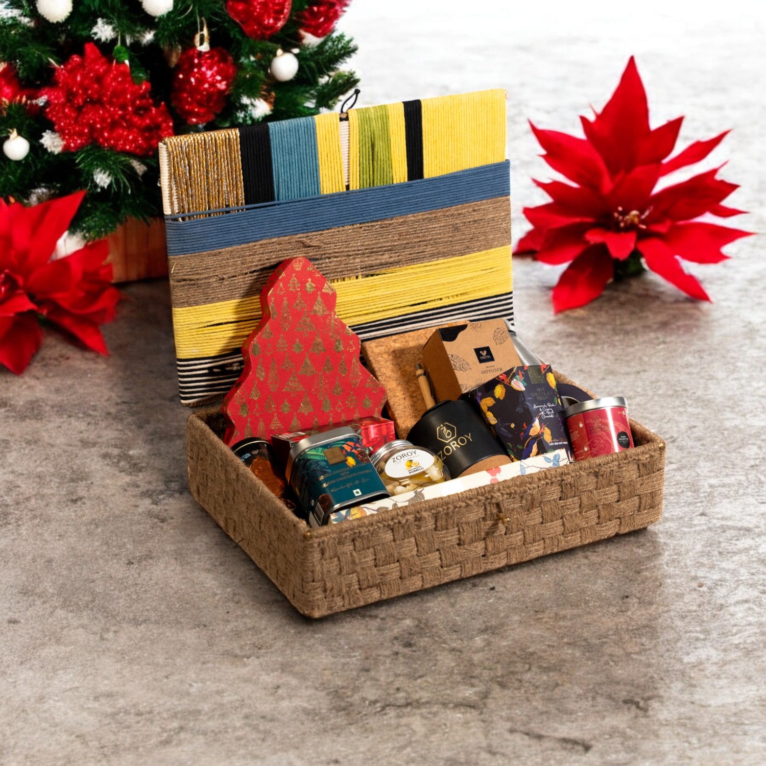 ZOROY Season 2 Upcycled Artisan Jute Luxe Hamper | Eco-Friendly Christmas Gift Box with Plum Cake, Chocolates, Cookies, Hot Chocolate & Premium Accessories | Sustainable Festive & Corporate Gifting