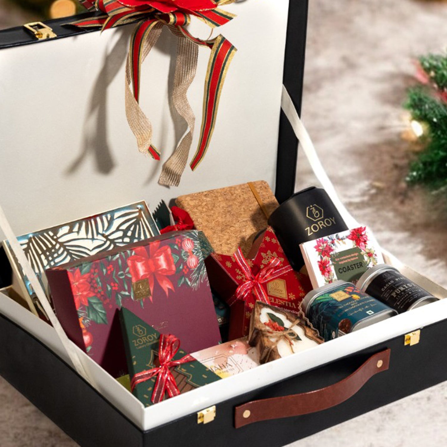 ZOROY Season Special Luxury Leather-Feel Briefcase Hamper | Plum Cake, Chocolates, Gourmet Teas, Cocoa Nibs, Cookies, Soy Candle & Festive Gifts | Premium Christmas & Corporate Gifting Hamper