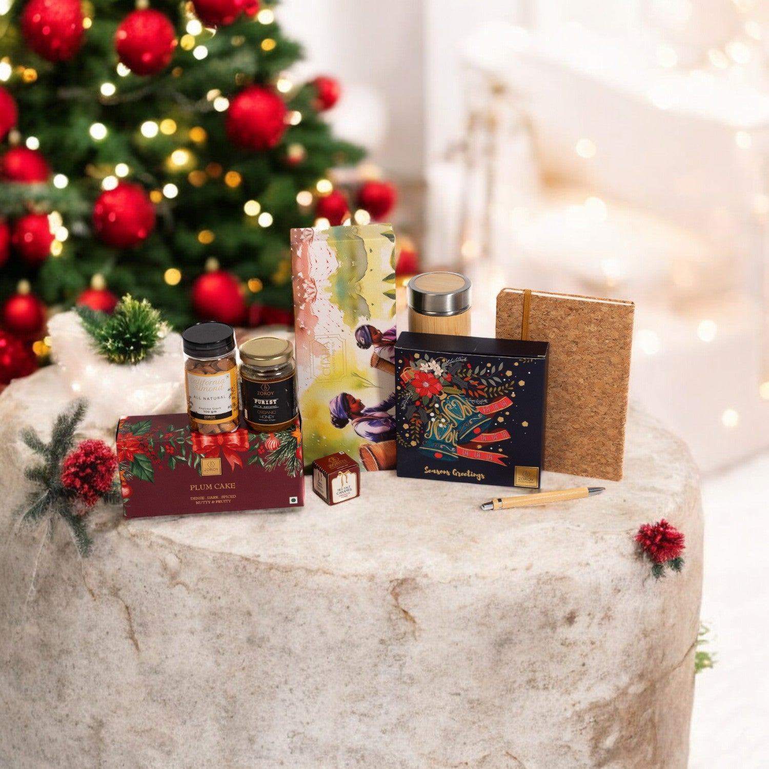 ZOROY Seasonal Elegance Luxury Hamper | Plum Cake, Buttercrunch, Exotic Teas, Honey, Fudge Chocolates & Almonds | Premium Festive Gift Box for Christmas, Corporate Gifting, Family & Celebrations