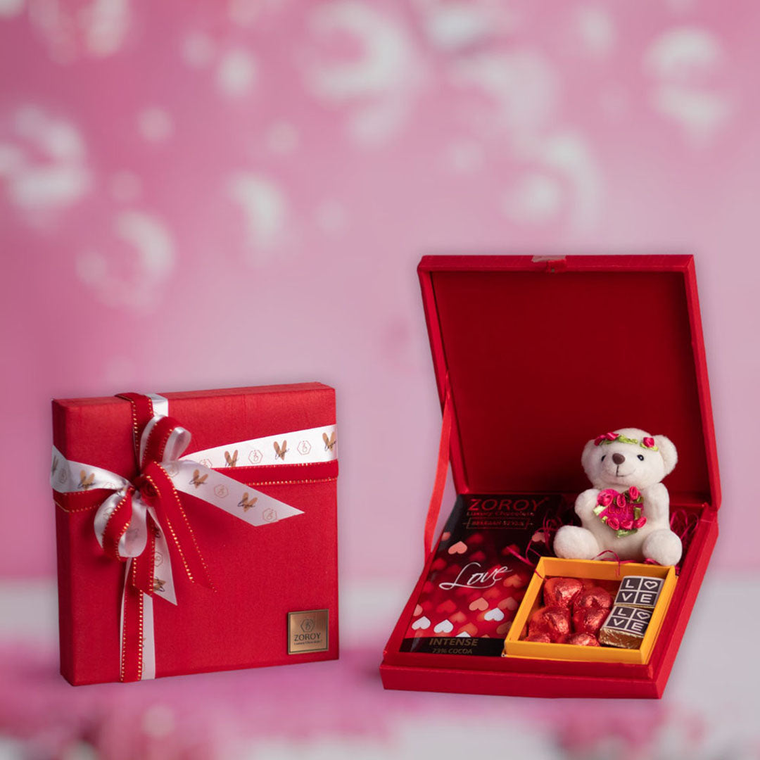 ZOROY LUXURY CHOCOLATE Red Silk Box with Valentines special chocolates and teddy bear For Girlfriend | Boyfriend Anniversary Gifts For Wife | Husband | Love Chocolates | Chocolate Hamper