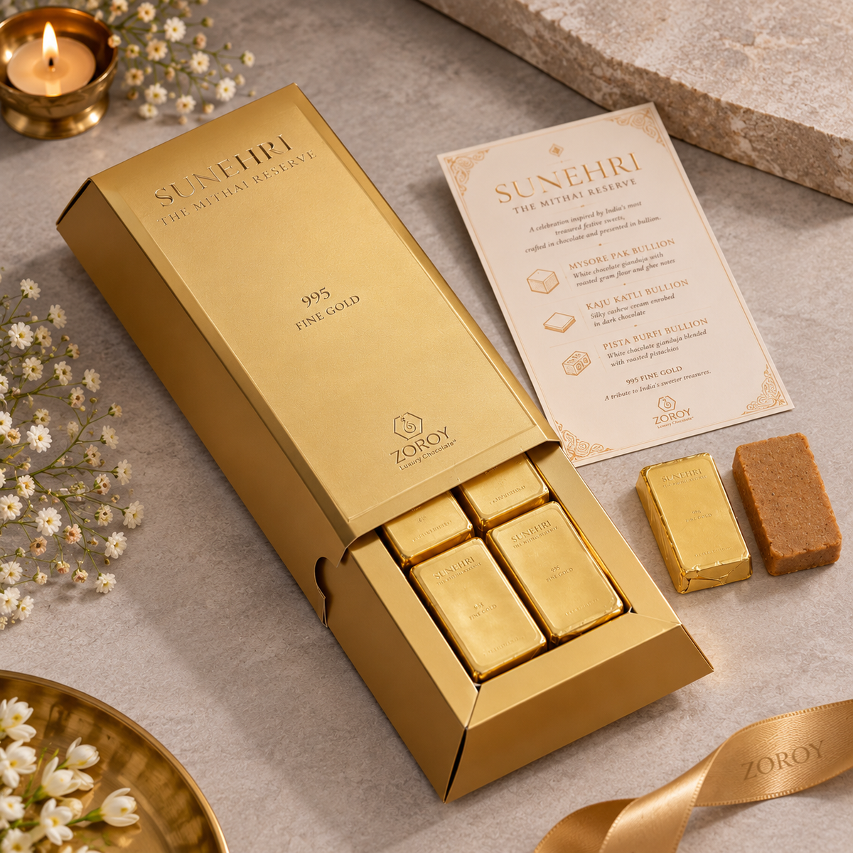 ZOROY Sunheri Box of 6 | Mysore Pak, Kaju Burfi & Pista Burfi Inspired Chocolates | Diwali Corporate Gifting