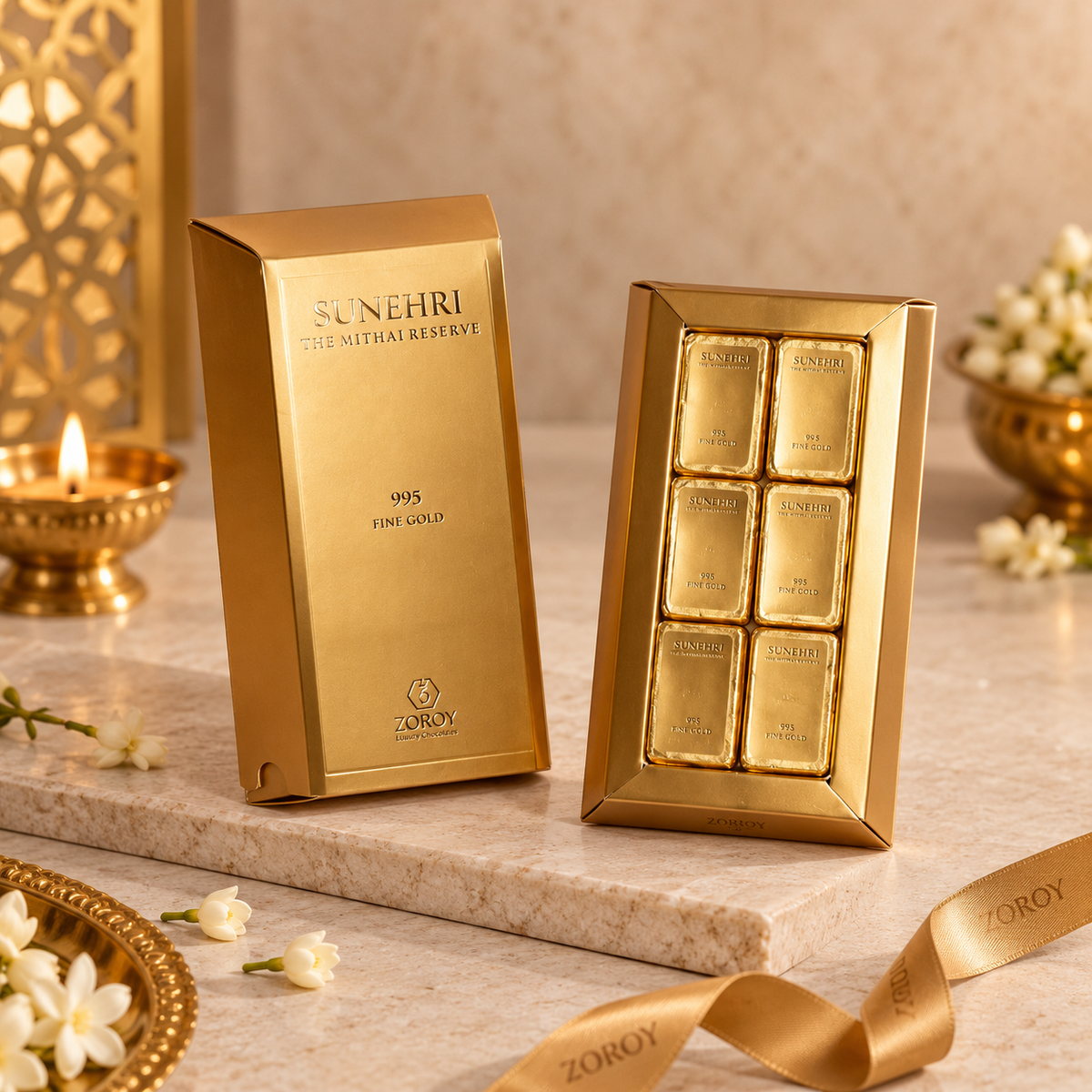 ZOROY Sunheri Box of 6 | Mysore Pak, Kaju Burfi & Pista Burfi Inspired Chocolates | Diwali Corporate Gifting