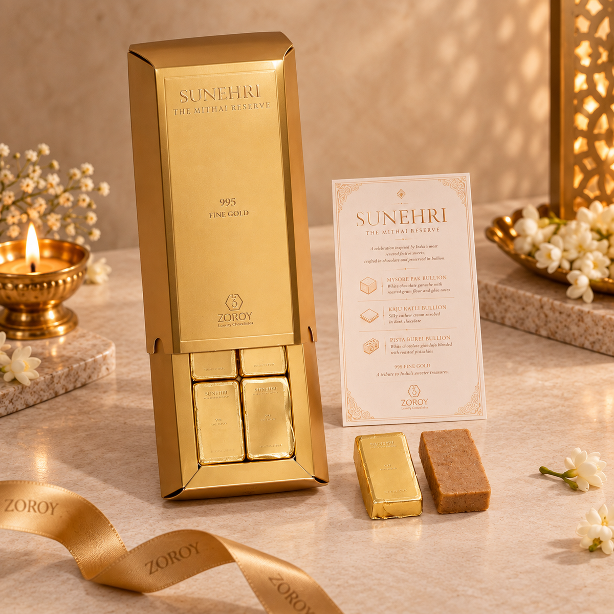 ZOROY Sunheri Box of 6 | Mysore Pak, Kaju Burfi & Pista Burfi Inspired Chocolates | Diwali Corporate Gifting