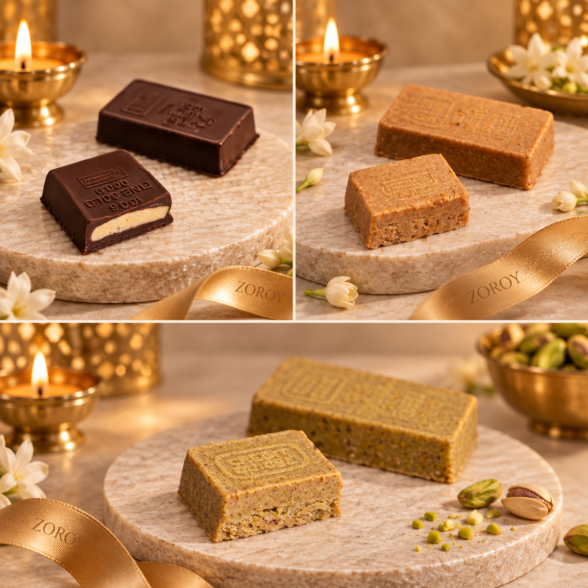 ZOROY Sunheri Box of 6 | Mysore Pak, Kaju Burfi & Pista Burfi Inspired Chocolates | Diwali Corporate Gifting