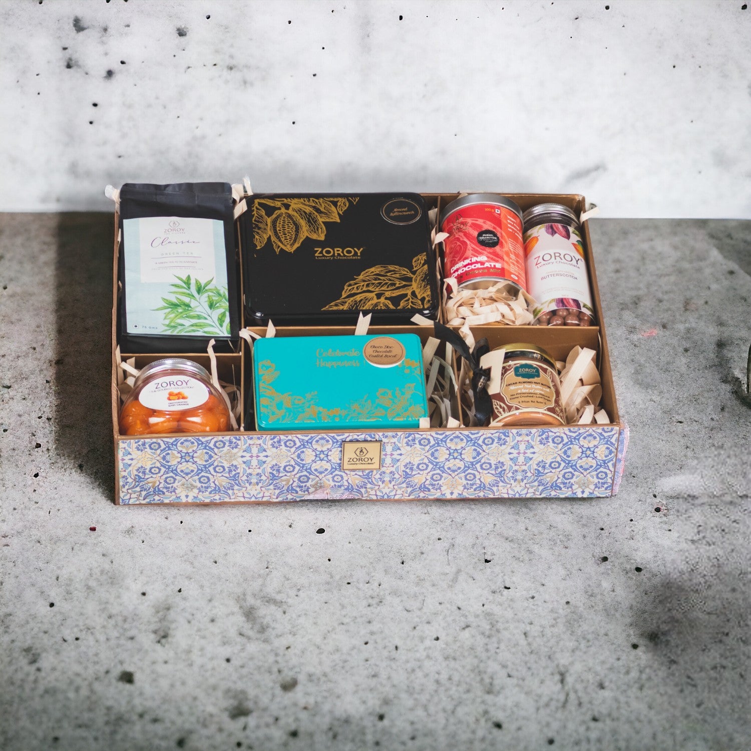 ZOROY LUXURY CHOCOLATE Everything Special Neel Gift Hamper | Tulsi Green Tea | Drinking Chocolate | Almond Buttercrunch | Cacao Almond Butter | Chocolate coated Biscuit | Coated Nuts | Dehydrated fruit