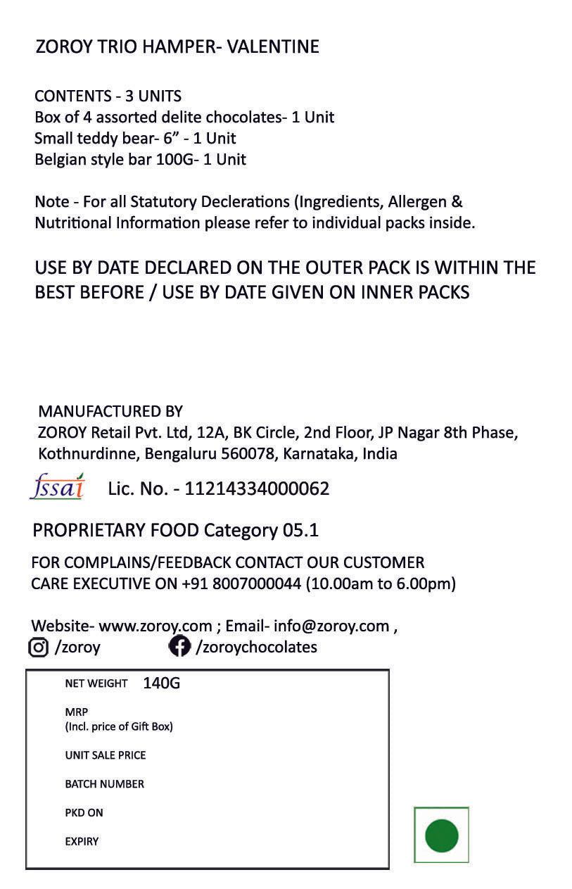 ZOROY Luxury Chocolate Valentines Trio Hamper | Assorted Chocolates | A gift for someone you love | Belgian style bar | Teddy bear | 100% Veg