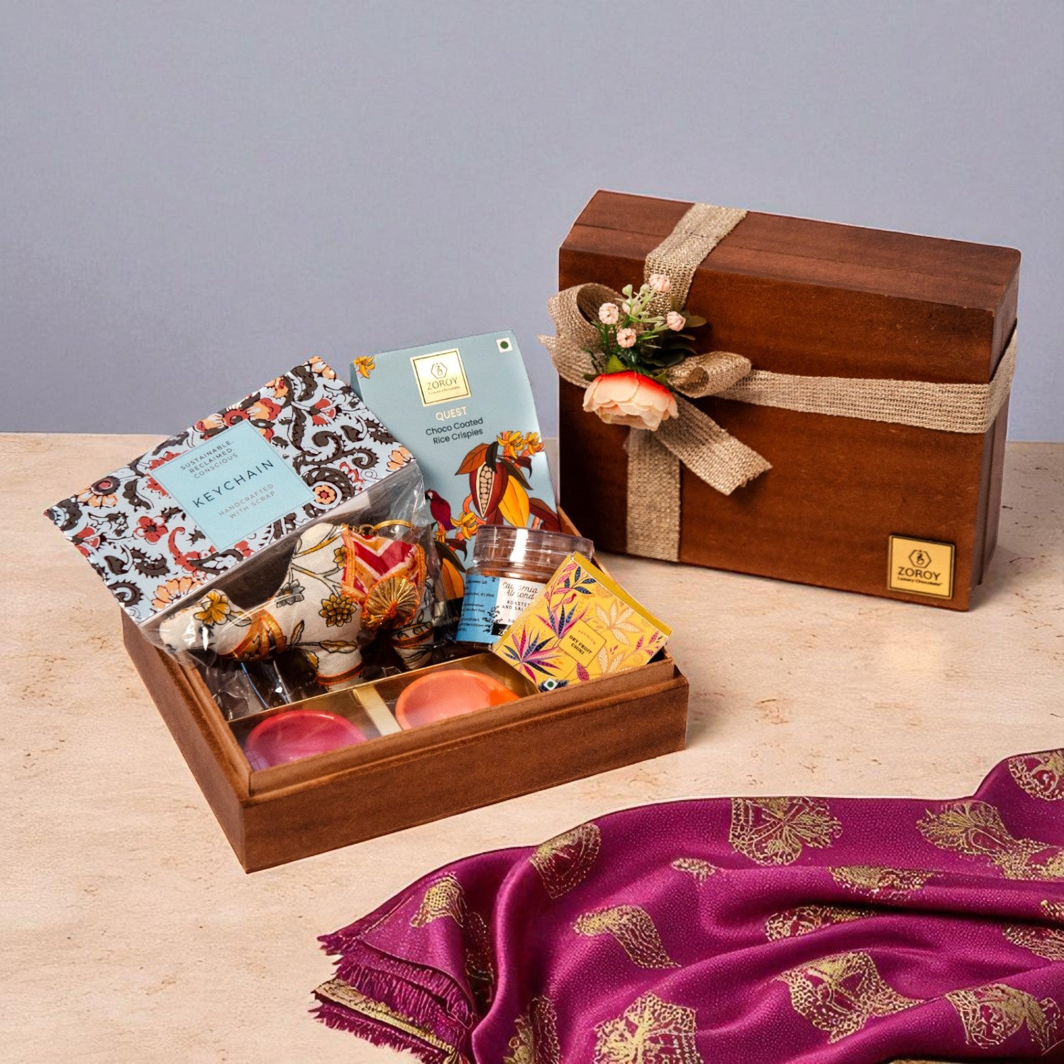 ZOROY Utsav Essential Gift Pack | Wooden Keepsake Box with Chocolates, Nuts, Diyas & Keychain | Festive Premium Diwali & Bulk Corporate Gift Box