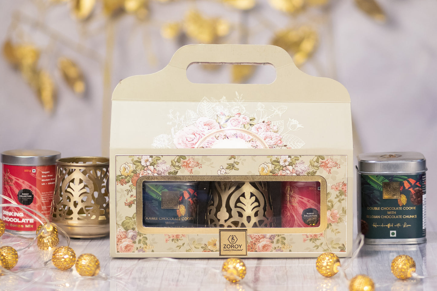 ZOROY luxury Chocolate Votive Combo Gift Box Contains a beautiful gold votive, Handmade Cookies & Drinking Chocolate | Corporate Celebration Diwali Rakhi Christmas New Year Online Gifts Set