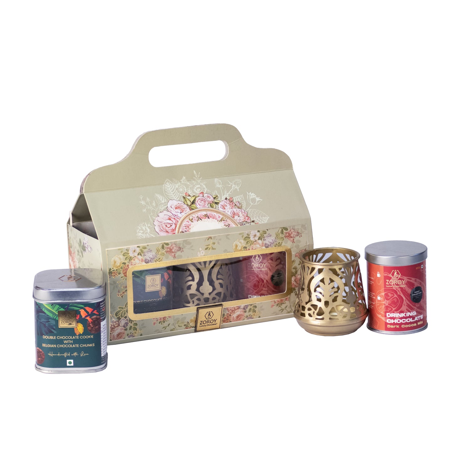 ZOROY luxury Chocolate Votive Combo Gift Box Contains a beautiful gold votive, Handmade Cookies & Drinking Chocolate | Corporate Celebration Diwali Rakhi Christmas New Year Online Gifts Set