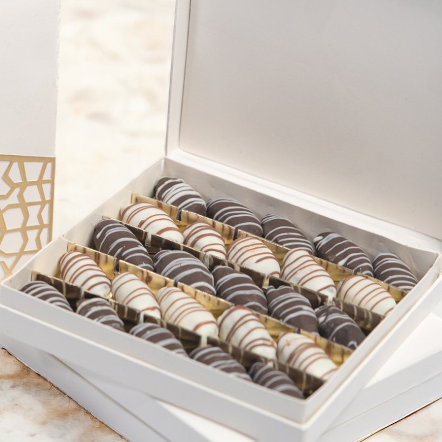 ZOROY White and Gold leather feel box with Assorted Dry Fruit Filled Dates 425G | Filled With roasted almond and dipped in milk and white chocolate|Khajur dry fruit |Natural Sweetener