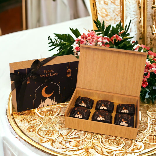 ZOROY Wooden Box of 6 EID MUBARAK Message chocolates - 66 Gms