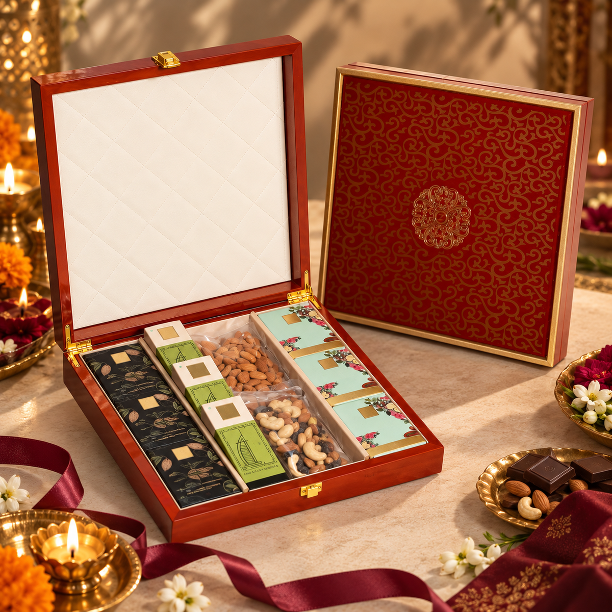 ZOROY Wooden Ecstacy Premium Gift Hamper | Premium Nuts, Kunafa Bars & Chocolates in Wooden Box | Corporate & Diwali Bulk Gifting
