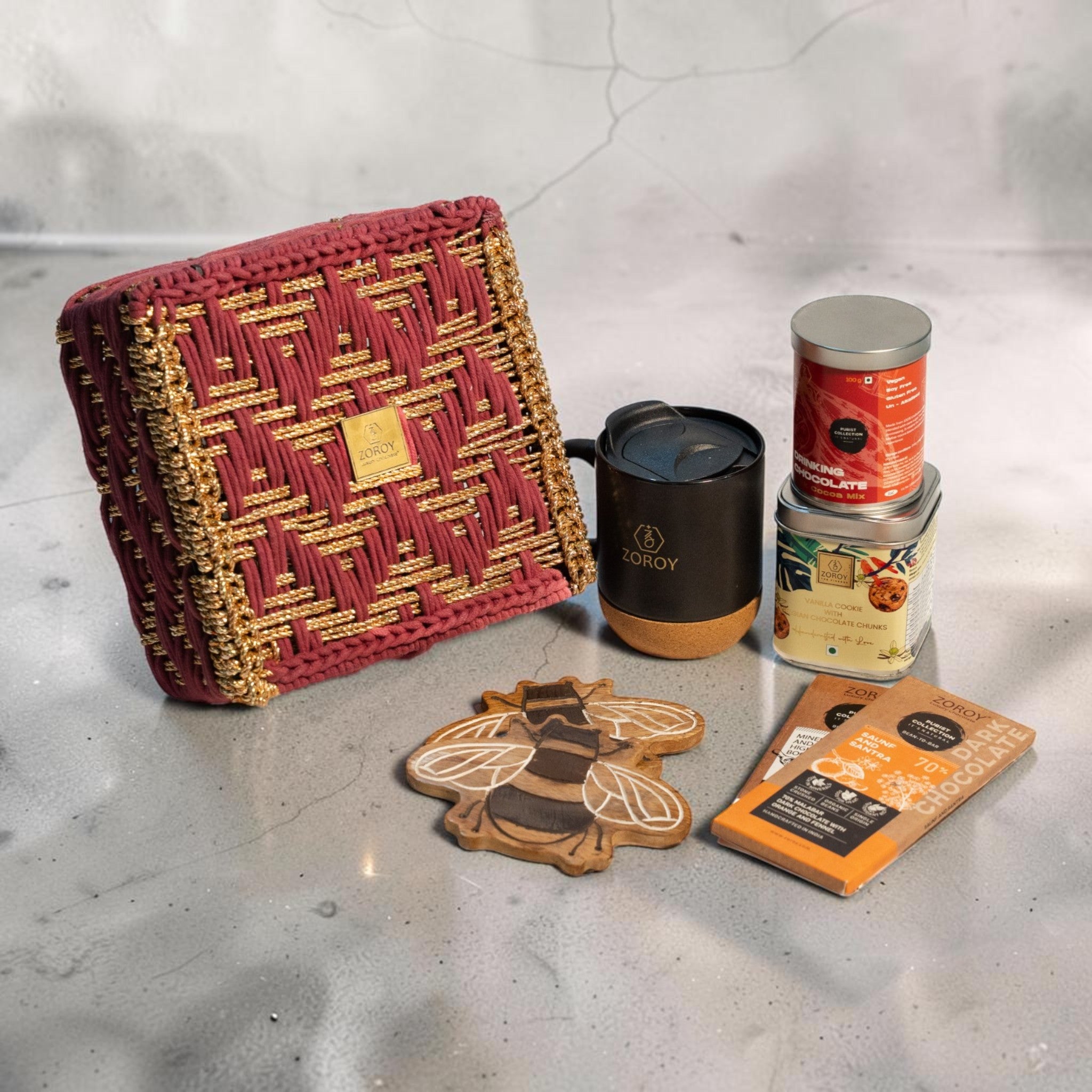 ZOROY Craft & Cocoa Gift Hamper with Artisan Chocolate Bars, Travel Mug, Cookies & Handwoven Chest Box
