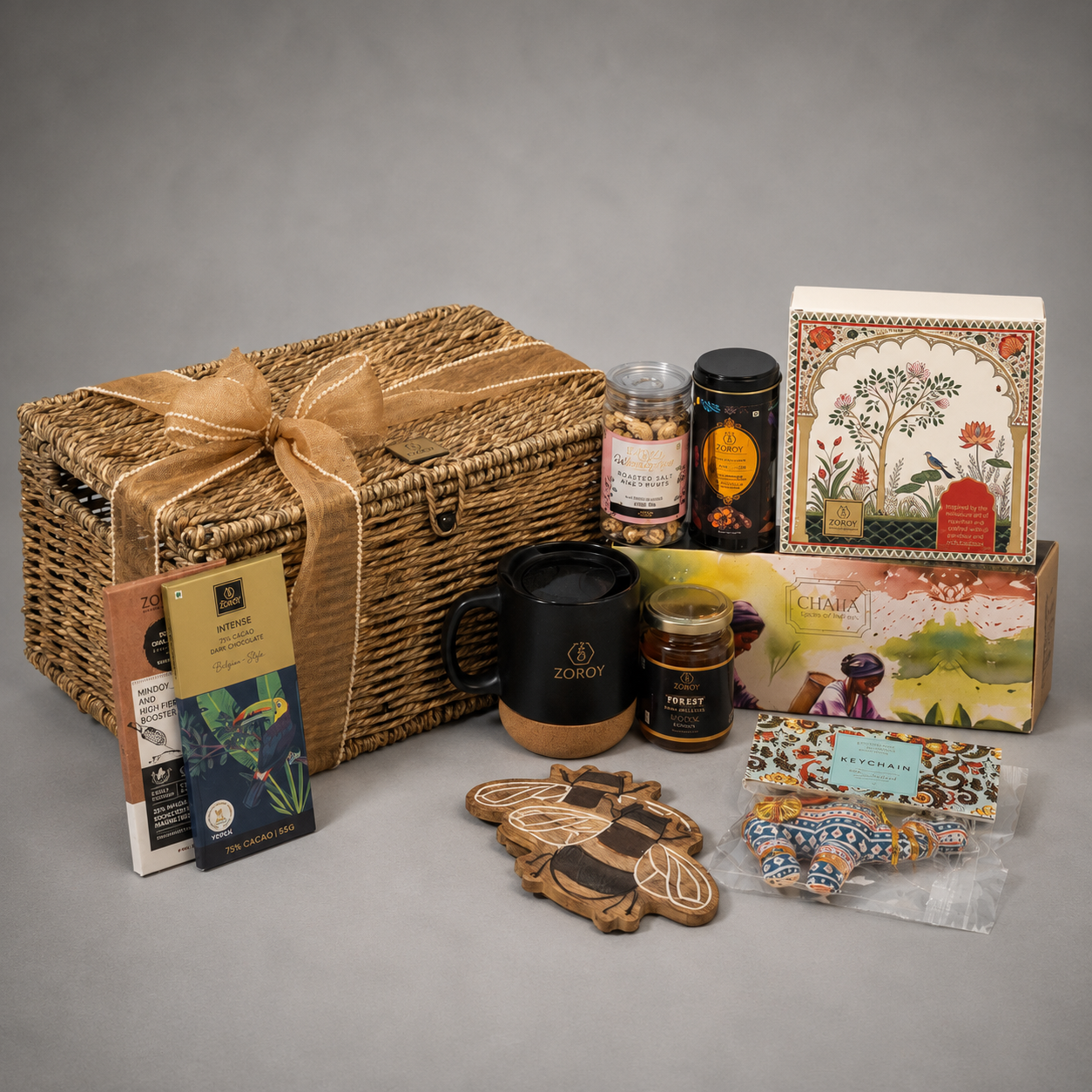 ZOROY Indian Host Gift Hamper with Tea, Honey, Chocolate, Cashews, Travel Mug & Handwoven Chest Box