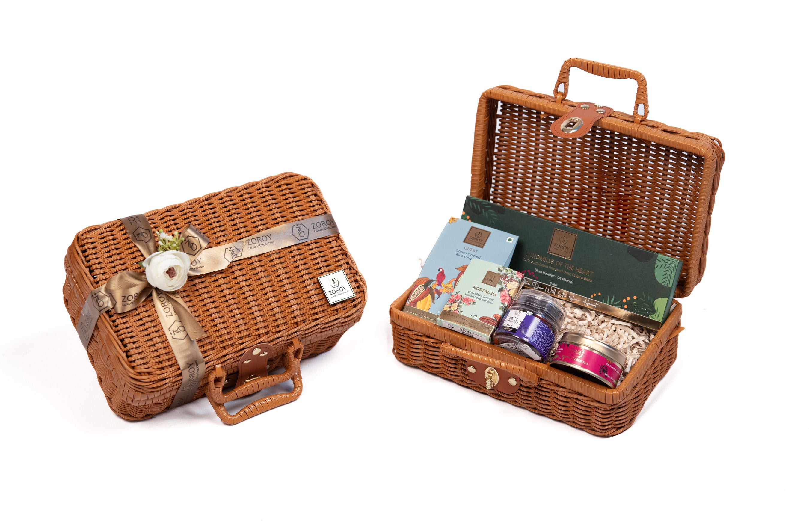 ZOROY Luxury Chocolate Anytime Mini Cane Picnic Hamper | Contains Chocolates, Premium Green Tea, Mixed Dried Berries | Keepsake Reusable Box | Ideal for Birthday, Anniversary, Corporate, House Warming, Wedding Diwali