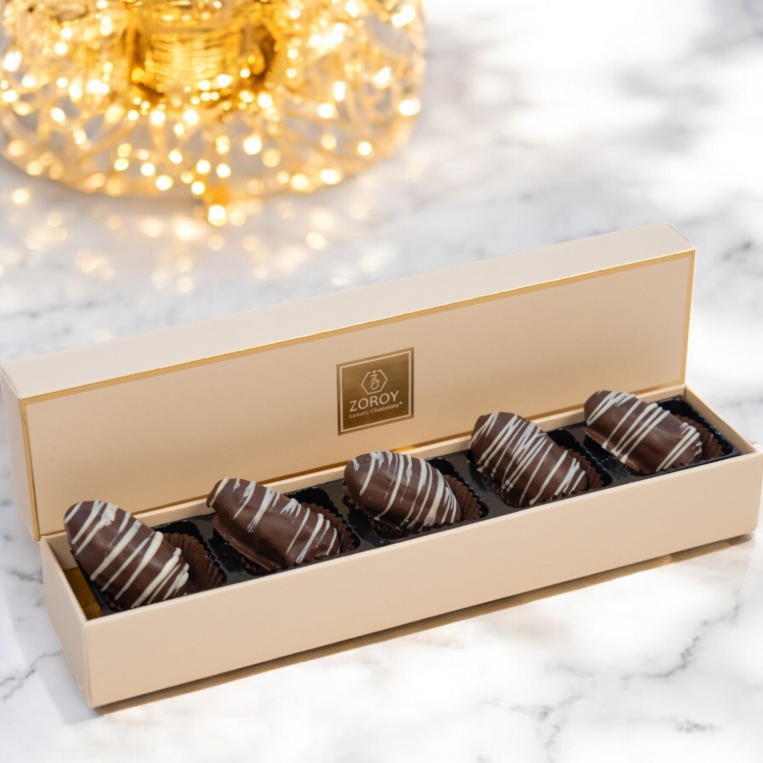 ZOROY Luxury Chocolate Almond-Stuffed Dates – Premium Dry Fruit Sweets | Healthy Gourmet Snack | Handcrafted Dates with Crunchy Almonds | Box of 5 |80G| Festive Gift for Diwali, Rakhi, Eid, Christmas