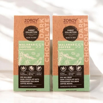 ZOROY Craft Bean to Bar Purist Collection, Monsooned Malabar Coffee, 55% Organic Beans Dark Chocolate bar, Pack of 2, 58gms Each - 116Gms