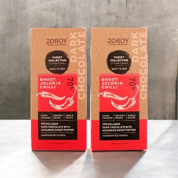 ZOROY LUXURY CHOCOLATE CRAFT PURIST Colletion | 70% Artisanal Bhoot Jhalokia Chilli Dark chocolate  | Single origin Bean to Bar | organic beans | Gluten Free | Healthy Craft chocolate | Soy free | Vegan | Set of 2 | 116gms