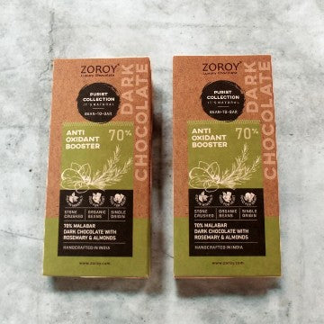 ZOROY Craft Purist Collection, Set of 2 70% Organic Bean Dark chocolate, Anti Oxidant Booster bar with Almonds and Rosemary - 116gms
