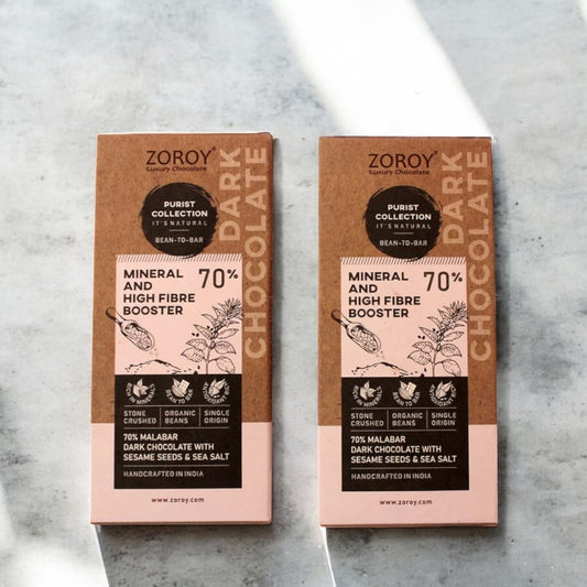 ZOROY Craft Purist Collection, Set of 2 70% Organic Beans Dark chocolate, Mineral and high fibre booster bar with Seasame seeds and Natural sea salt - 116gms