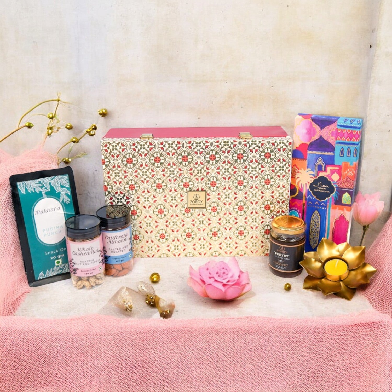 ZOROY Opulent Hamper Box - Ethnic Wooden Reusable Box with Noor 8 Baklawas, Snack Pack, 100g Salted Roasted Almonds, 100g Roasted Pepper Cashews, 175g Organic Himalayan Honey, Metal T-Lite Holder - An Ethnic Gift For Festive Season