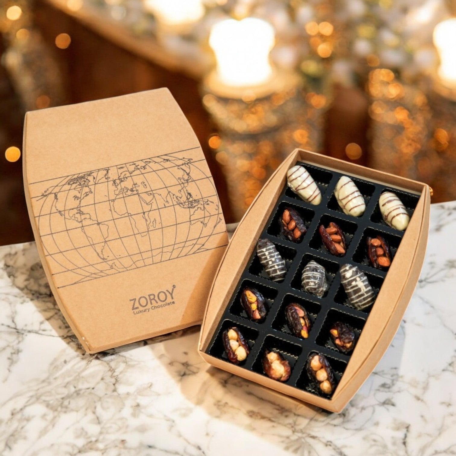 ZOROY Luxury Chocolate World Map Box of 15 Dates |240G| Premium Dry Fruit Sweets | Hazelnut, Pistachio & Almond Stuffed Dates | Confection-Coated Treat | Festive Gift for Ramadan, Eid, Diwali, Christmas