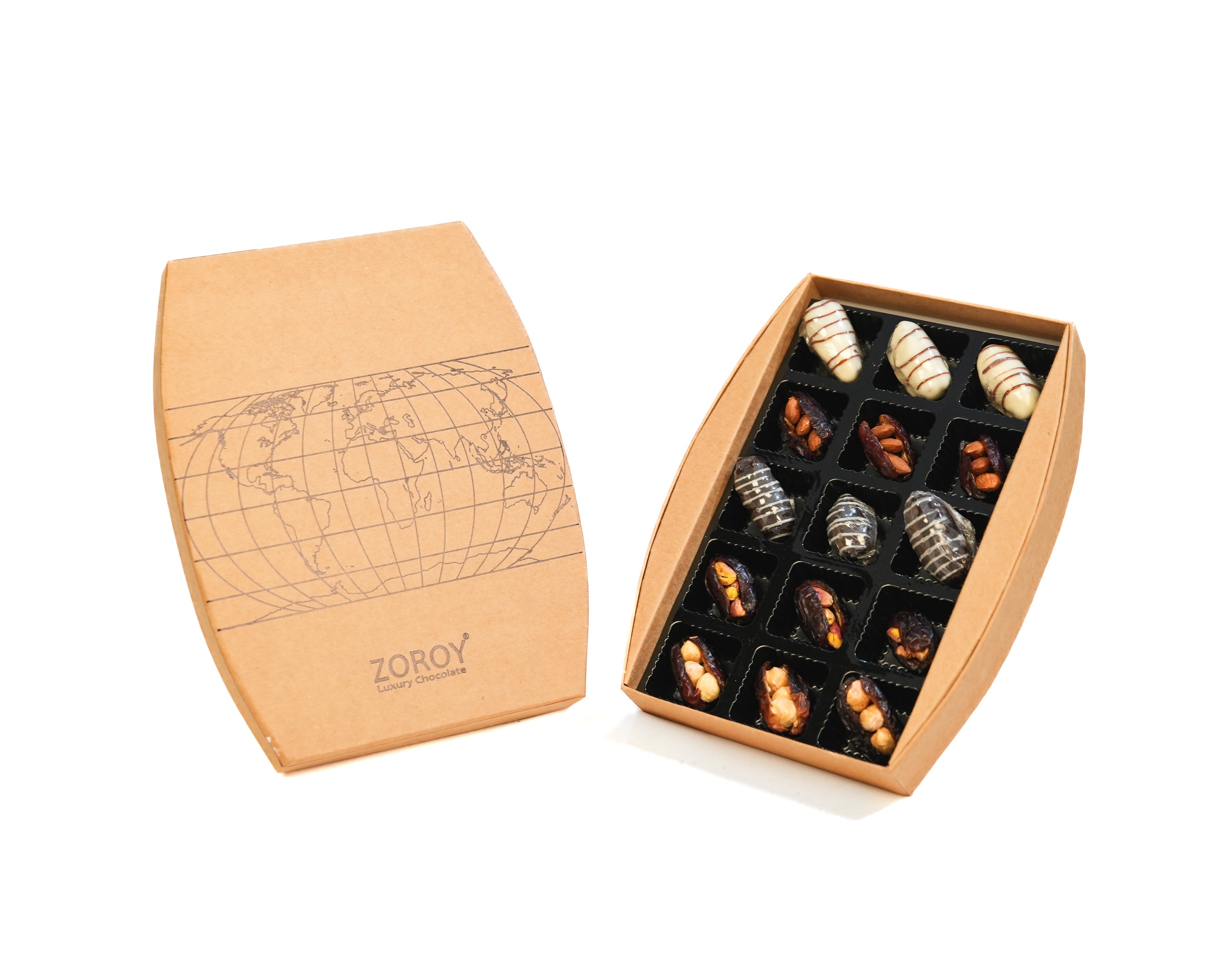 ZOROY Luxury Chocolate World Map Box of 15 Dates |240G| Premium Dry Fruit Sweets | Hazelnut, Pistachio & Almond Stuffed Dates | Confection-Coated Treat | Festive Gift for Ramadan, Eid, Diwali, Christmas