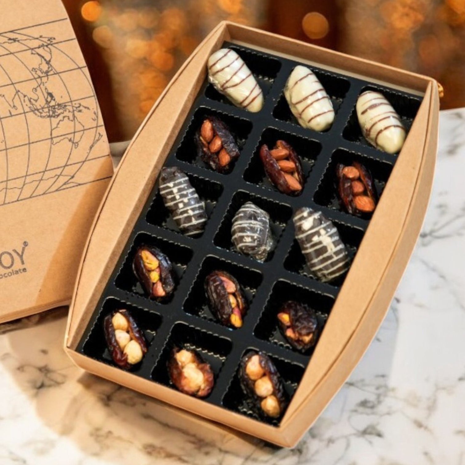ZOROY Luxury Chocolate World Map Box of 15 Dates |240G| Premium Dry Fruit Sweets | Hazelnut, Pistachio & Almond Stuffed Dates | Confection-Coated Treat | Festive Gift for Ramadan, Eid, Diwali, Christmas