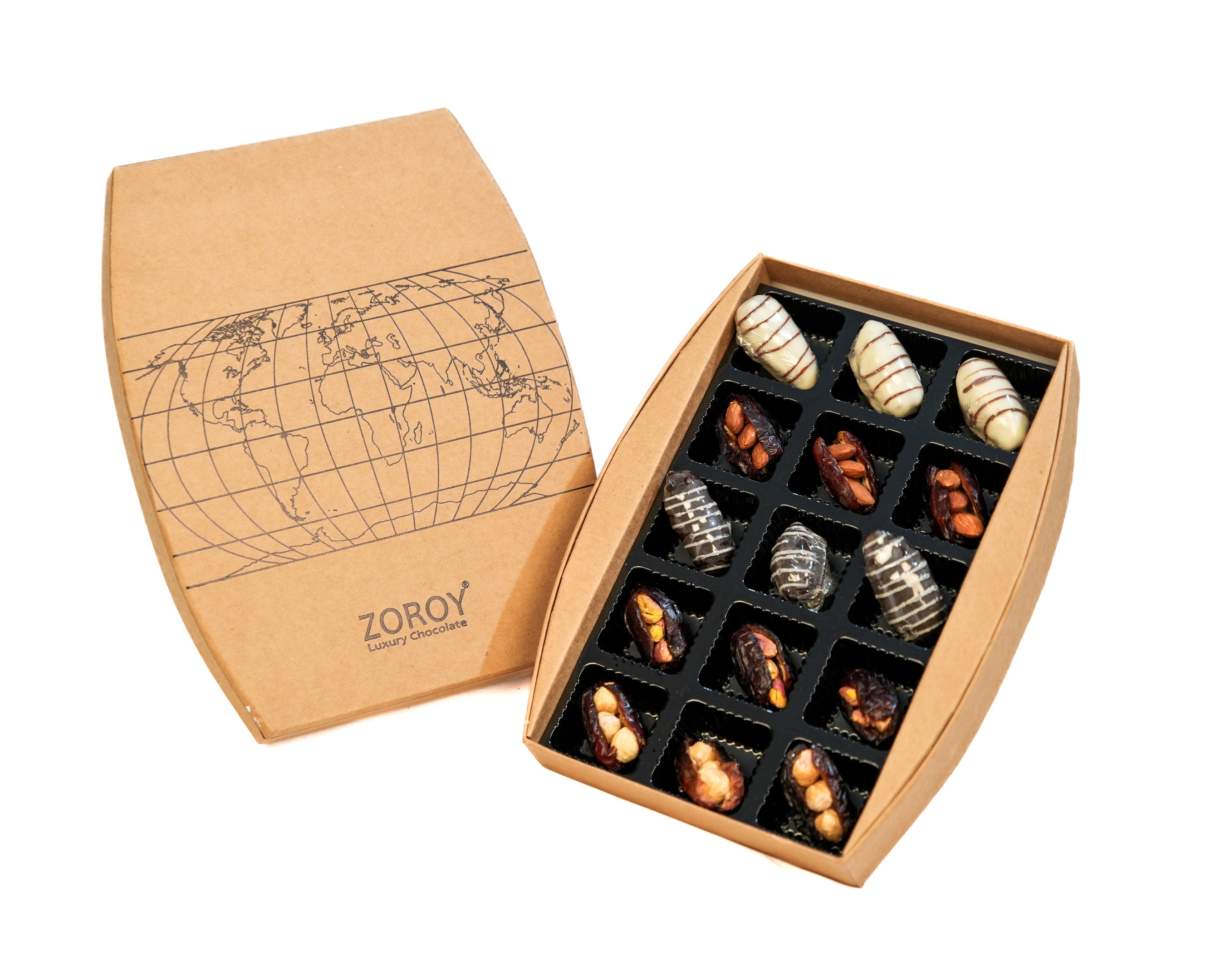 ZOROY Luxury Chocolate World Map Box of 15 Dates |240G| Premium Dry Fruit Sweets | Hazelnut, Pistachio & Almond Stuffed Dates | Confection-Coated Treat | Festive Gift for Ramadan, Eid, Diwali, Christmas