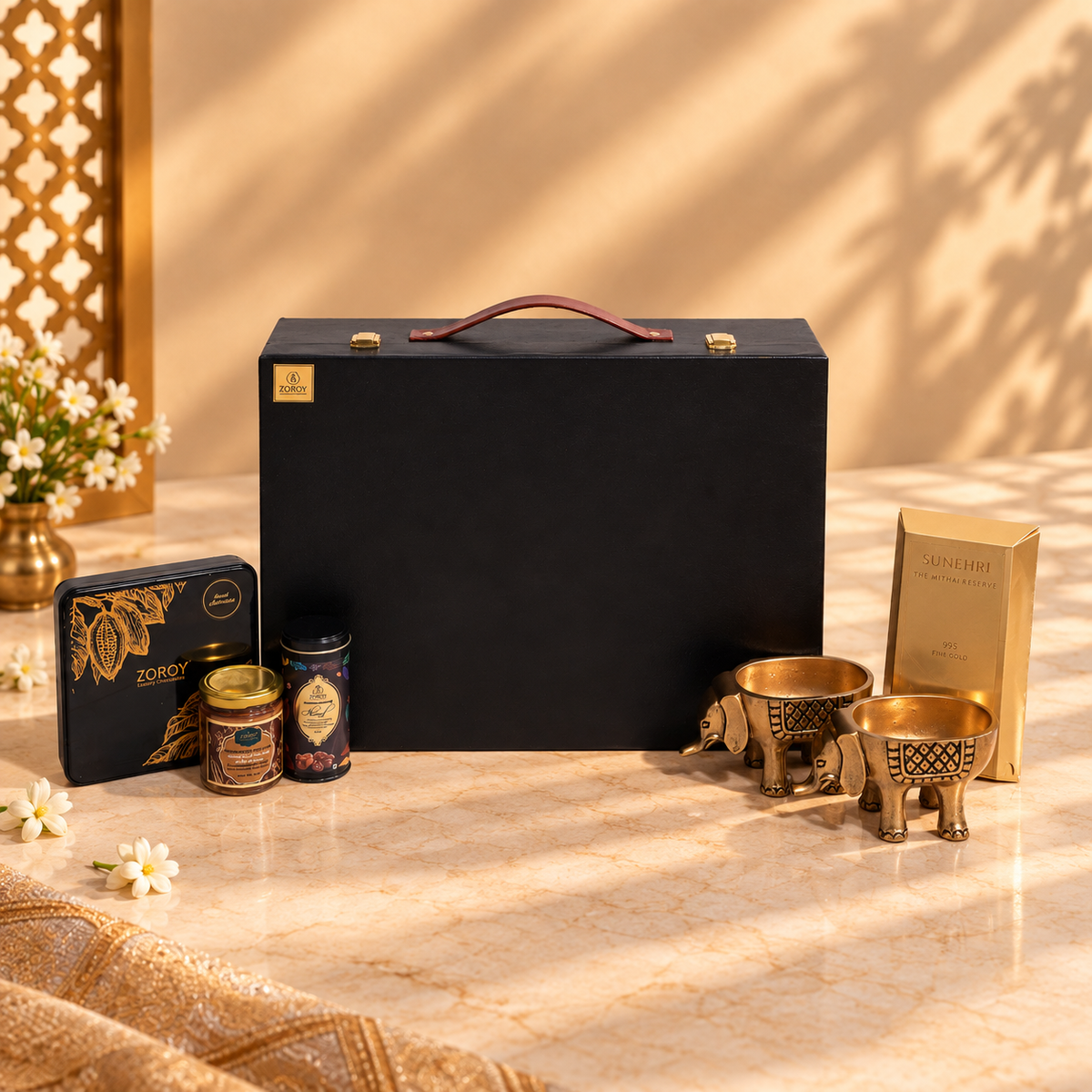 ZOROY Briefcase Premium Gift Hamper | Almond Butter, Gourmet Chocolates & Coated Nuts with Festive Décor | Diwali, Corporate & Bulk Gifting