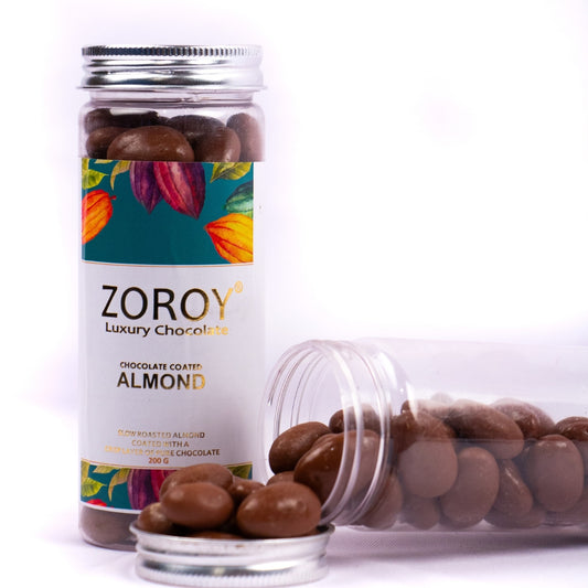 ZOROY Luxury Chocolate coated nuts | chocolate coated almond | almond draggers | Panned nuts | Pure couverture | Airtight box | Gourmet chocolate gift box | 200 gms
