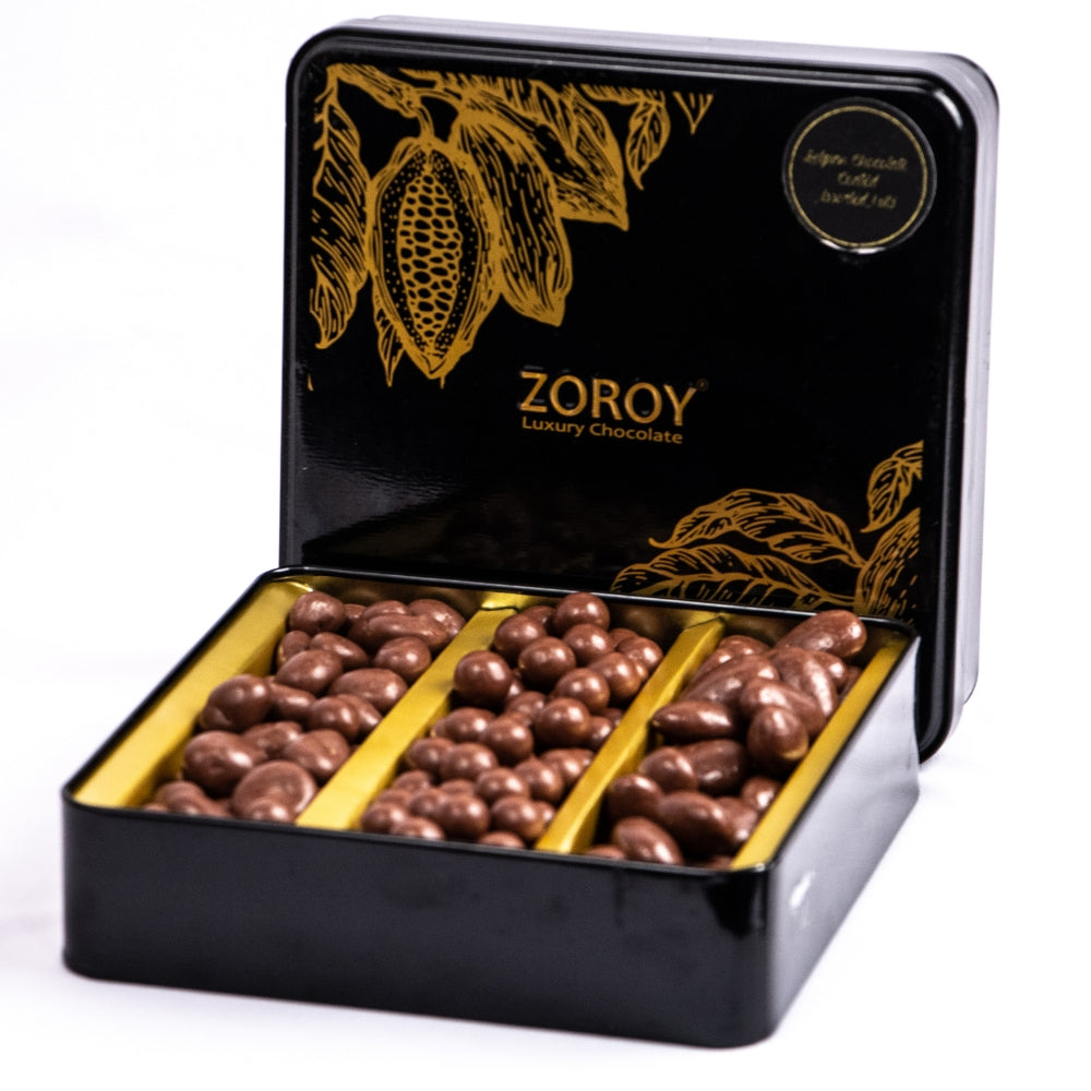 ZOROY Luxury Chocolate coated nuts | chocolate coated almond raisins butterscotch | almond draggers | butterscotch draggers | raisin draggers | Panned nuts | Pure couverture | Airtight Tin | 225 gms
