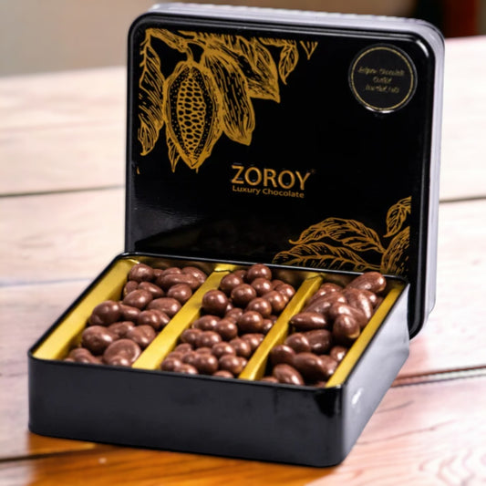 ZOROY Luxury Chocolate coated nuts | chocolate coated almond raisins butterscotch | almond draggers | butterscotch draggers | raisin draggers | Panned nuts | Pure couverture | Airtight Tin | 225 gms