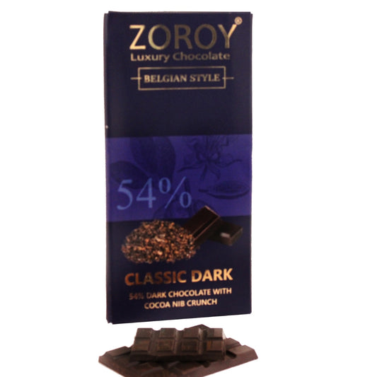 ZOROY LUXURY CHOCOLATE Pure Couverture 54% Dark chocolate bar with cocoa nib crunch | Signature Belgian style chocolate | Cooking chocolate | Vegan | 100 grams