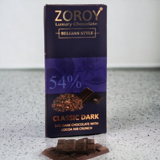 ZOROY LUXURY CHOCOLATE Pure Couverture 54% Dark chocolate bar with cocoa nib crunch | Signature Belgian style chocolate | Cooking chocolate | Vegan | 100 grams