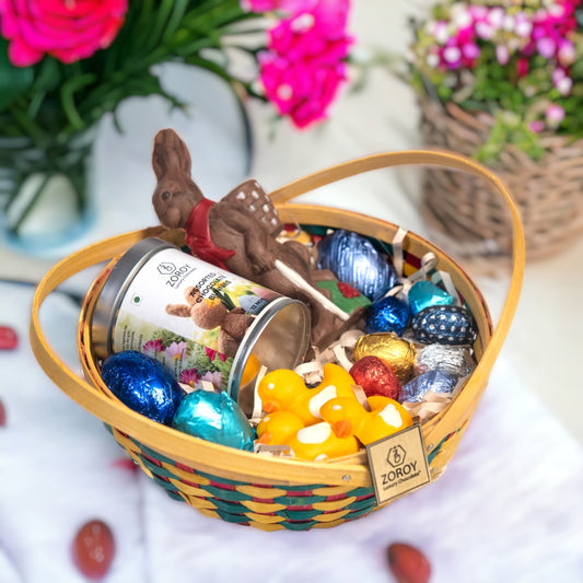 ZOROY Easter Special Round Basket with bunnies, eggs, ducks Gift Hamper - 300 Gms