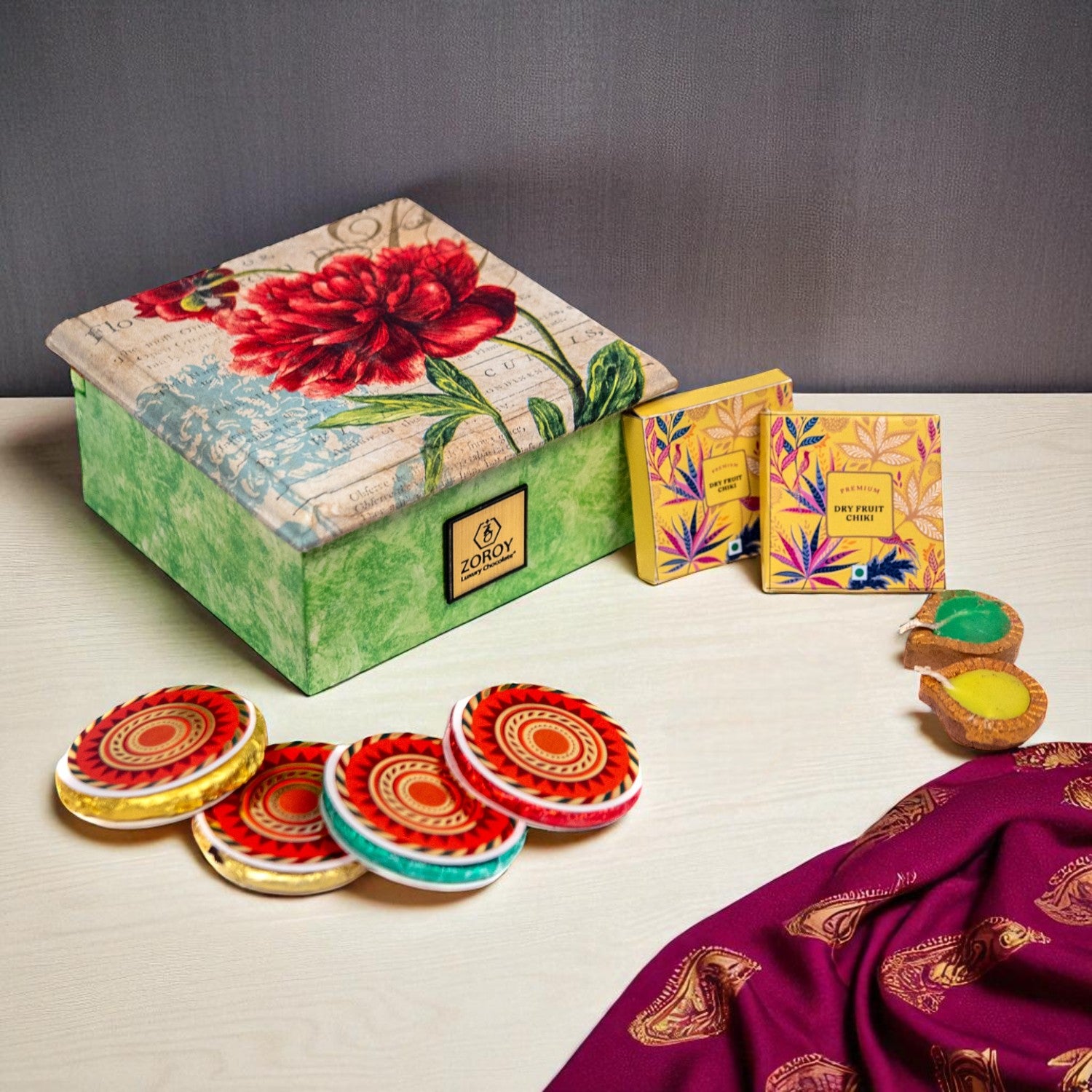ZOROY Handpainted Mini Wooden Chest | Chocolates, Dry Fruit Chiki & Mud Wax Diyas | Festive Gift Box | Premium Festive Diwali & Bulk Corporate Gift Box "