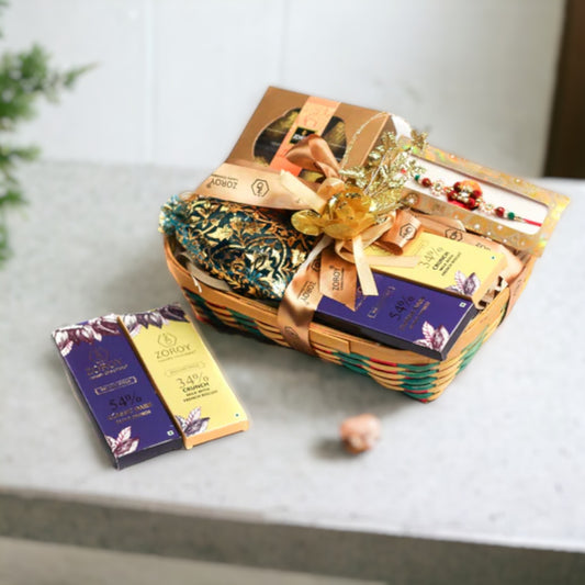 ZOROY luxury Chocolate Rakhi Hamper for Brother Sister | Rakhi basket with chocolates | Happy Rakhi chocolate | Rakhi set for Bhaiya Bhabhi | Rakhi gift combo | Rakshabandhan gift for sister |