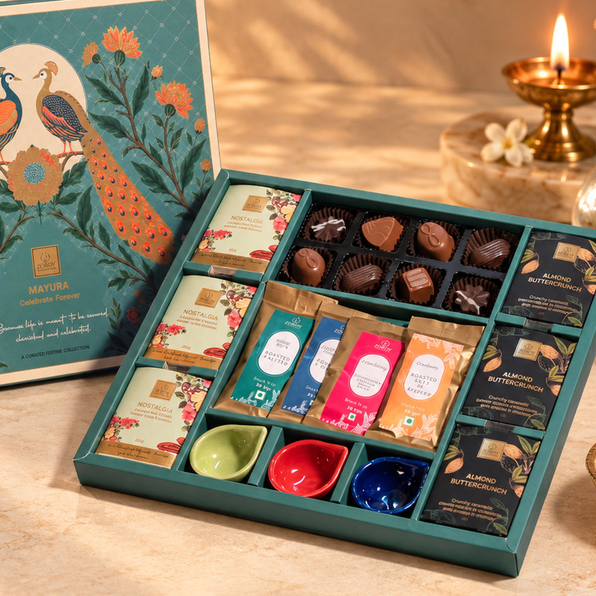 ZOROY Mayura Premium Gift Hamper | Assorted Chocolates, Cookies, Gourmet Nuts & Ceramic Diyas | Festive & Corporate Diwali Bulk Gifting
