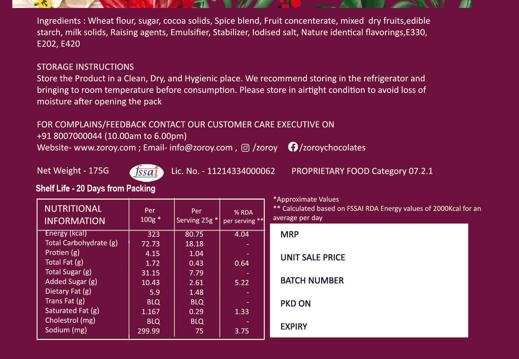 ZOROY Luxury Chocolate Delicious Rich Eggless Plum cake Mixed With Dry Fruits - 175 Grams 100% Veg
