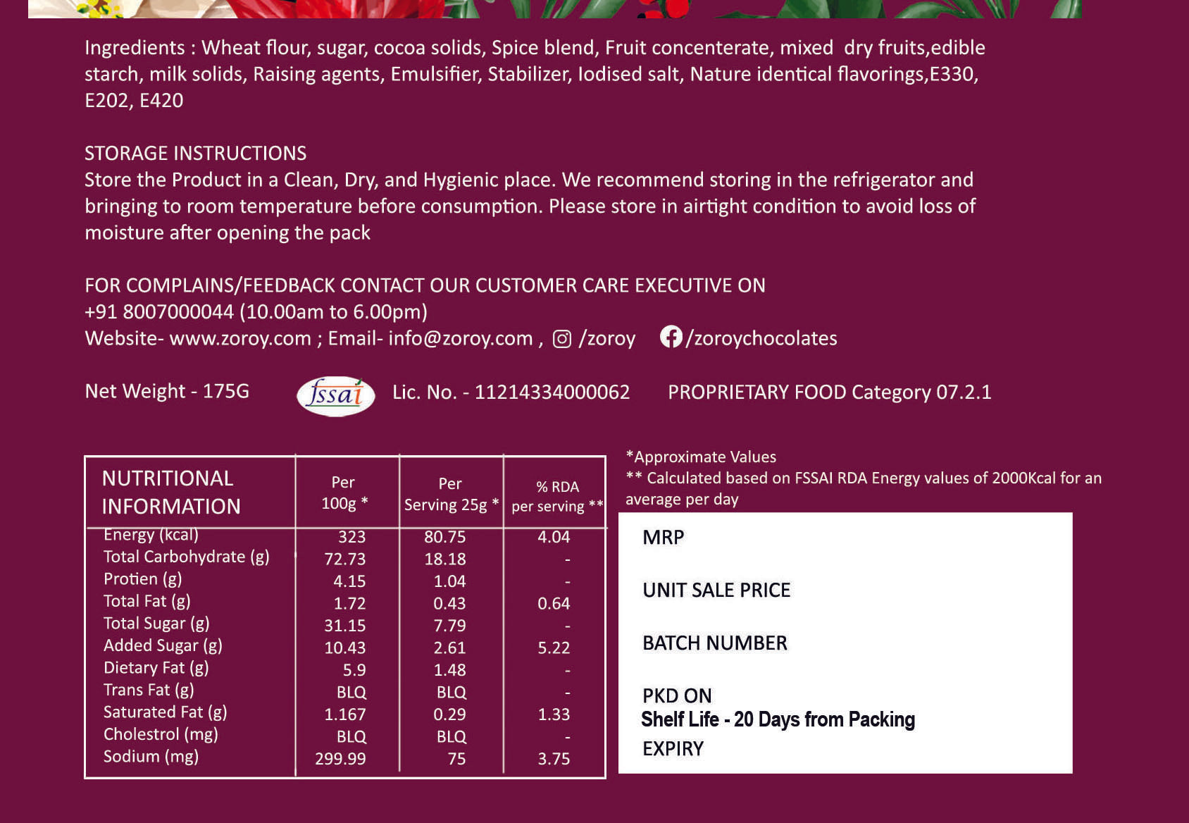ZOROY Luxury Chocolate Delicious Rich Eggless Plum cake Mixed With Dry Fruits - 500 Grams 100% Veg