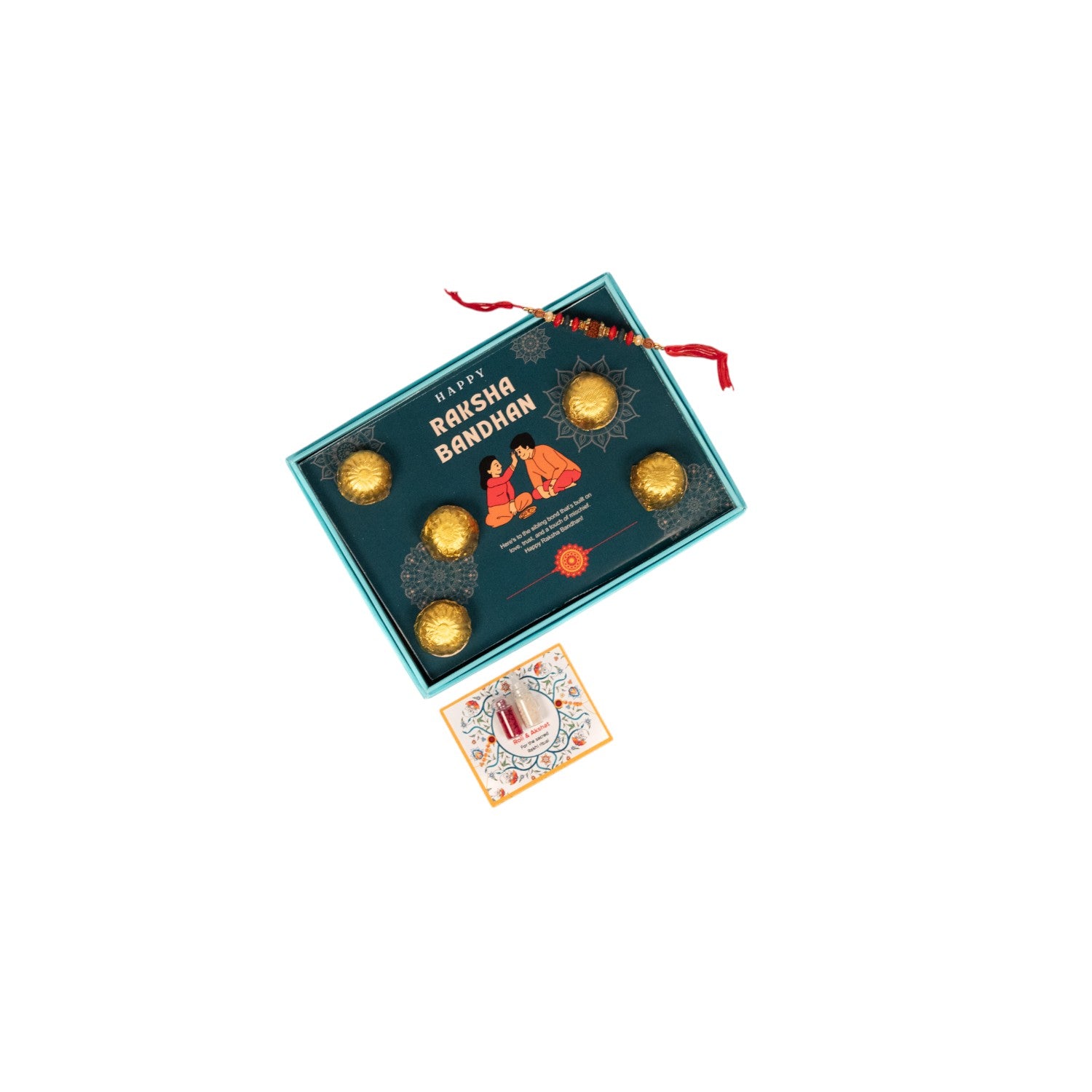 ZOROY Rakhi Gift Box with 5 Chocolates, 1 Designer Rakhi, Akshat Kumkum Pack | Raksha Bandhan Gift Hamper for Brother, Sister, Kids | Ready-to-Gift Rakhi Set