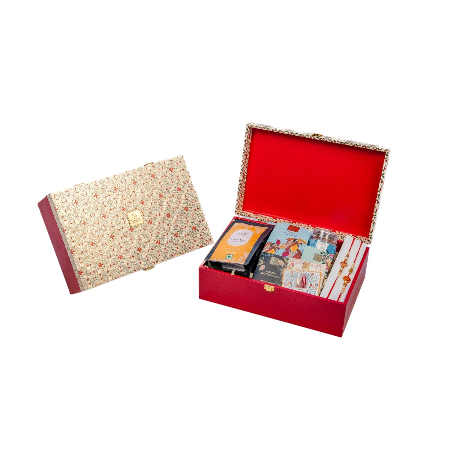 ZOROY Opulent Wooden Rakhi Gift Hamper | Traditional Design with Assorted Snacks & Chocolates | Includes 2 Rakhis, Akshat Kumkum & Rakhi Card | Premium Raksha Bandhan Gift Box for Brother & Sister