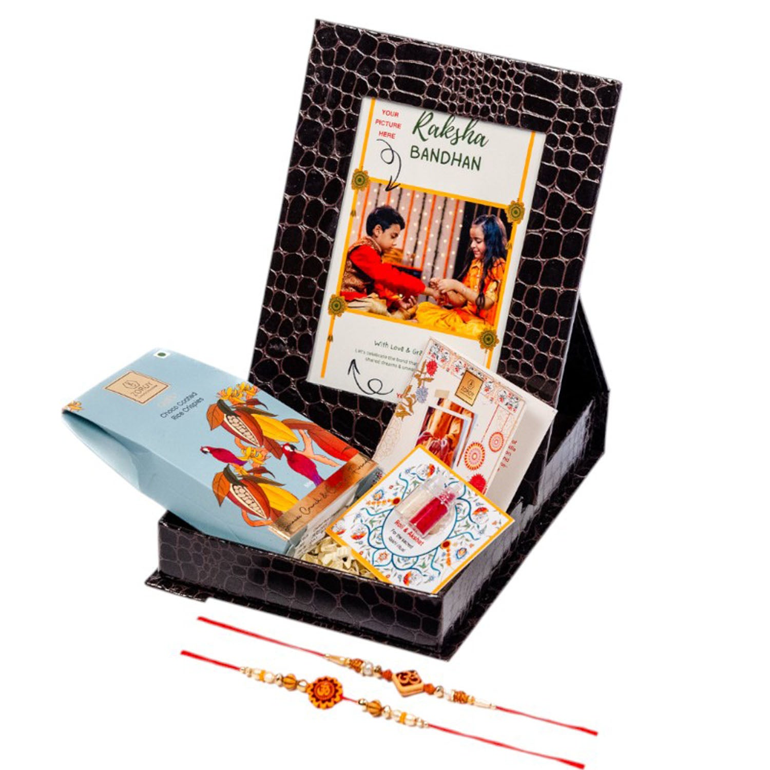 ZOROY Personalized Rakhi Photo Box Hamper – Custom Upload Picture Keepsake Rakhi Gift Box with Choco Coated Rice Crisps, 2 Rakhis, Akshat Kumkum, Rakhi Card | Raksha Bandhan Gifts for Brother