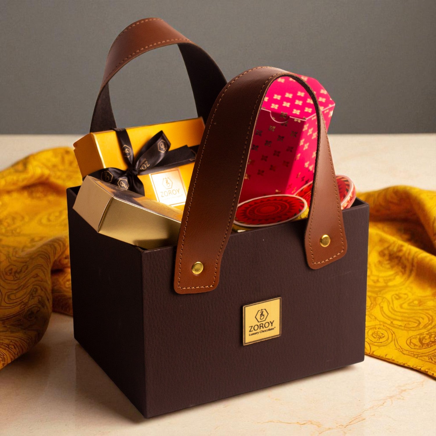 ZOROY Trio Essential Hamper – Festive Gift Basket with 2 Ceramic Diyas, 100g Almonds, Chocolates & Choco Biscuits