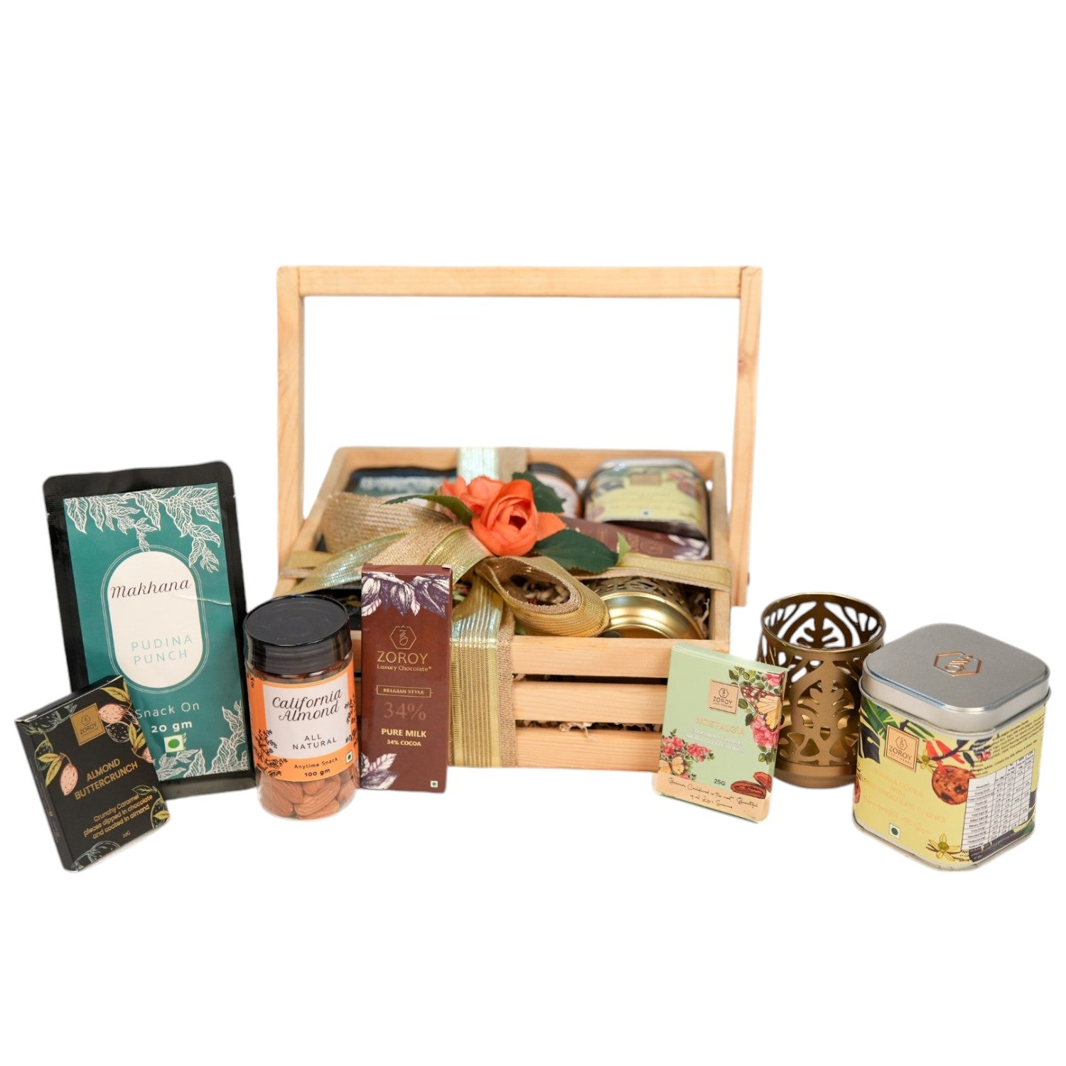 ZOROY Pinewood Gift Basket Hamper – Reusable Wooden Basket with Snack Packs, Chocolates, Cookies, Metal Votive, Dry Fruits - Ideal gift for Diwali Corporate Festive any occassions