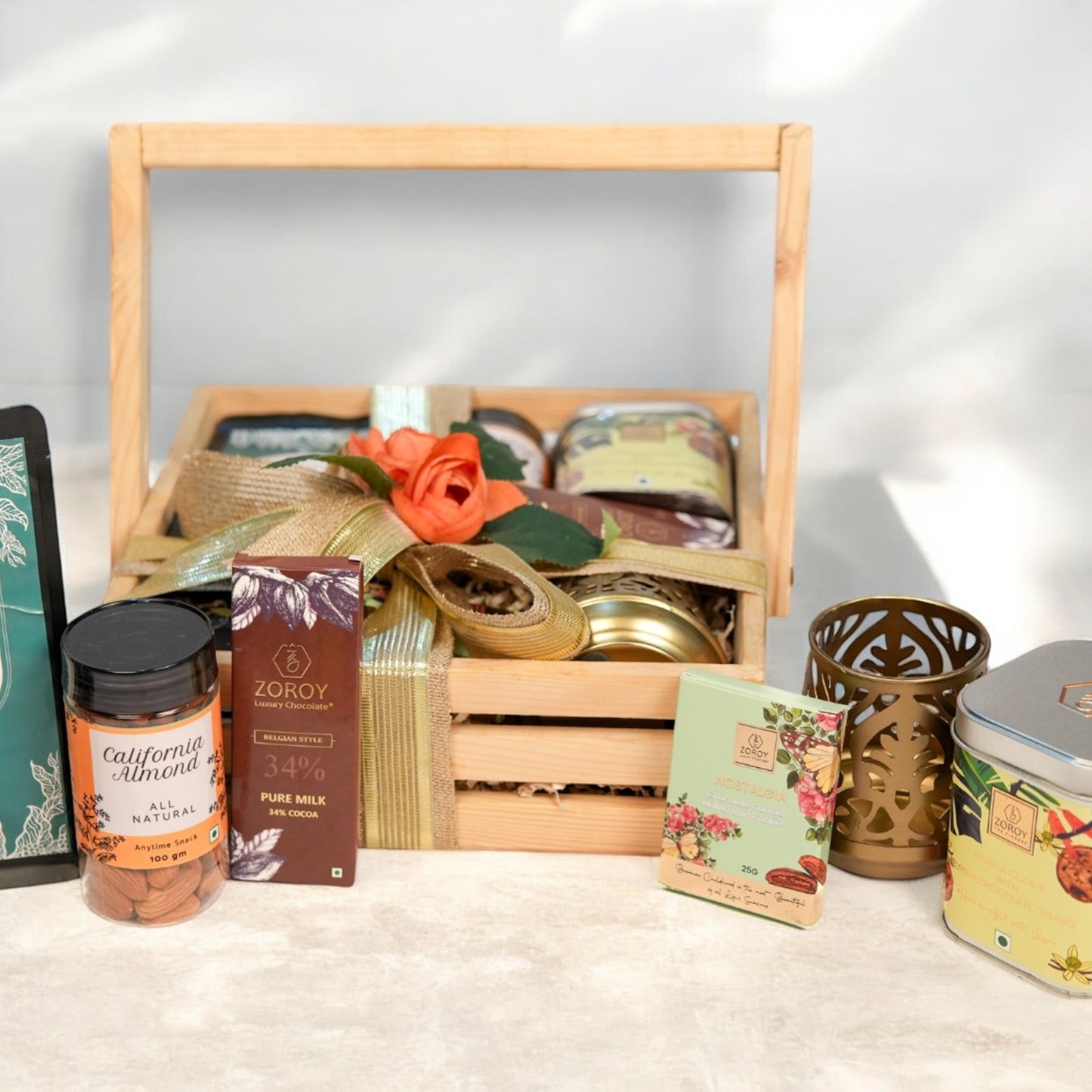 ZOROY Pinewood Gift Basket Hamper – Reusable Wooden Basket with Snack Packs, Chocolates, Cookies, Metal Votive, Dry Fruits - Ideal gift for Diwali Corporate Festive any occassions