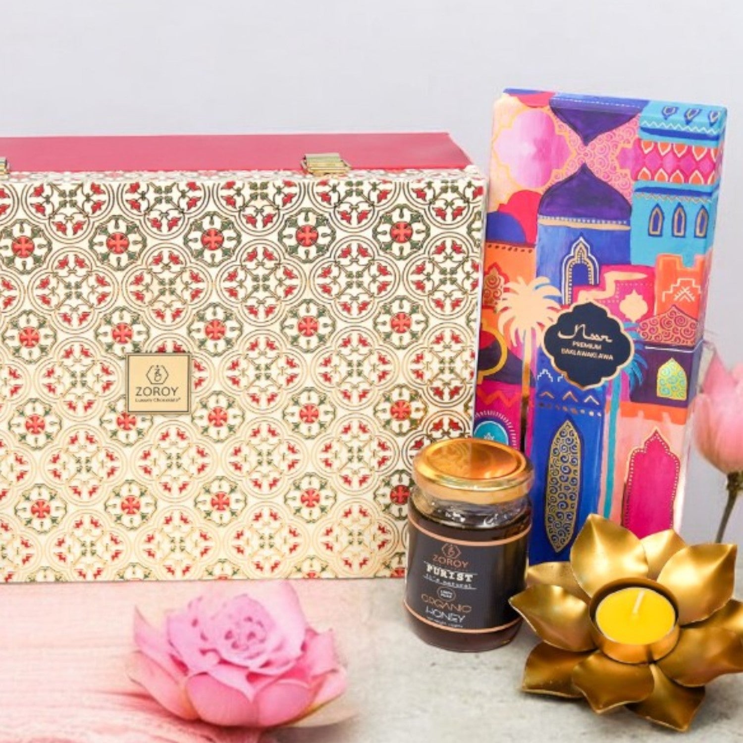 ZOROY Opulent Hamper Box - Ethnic Wooden Reusable Box with Noor 8 Baklawas, Snack Pack, 100g Salted Roasted Almonds, 100g Roasted Pepper Cashews, 175g Organic Himalayan Honey, Metal T-Lite Holder - An Ethnic Gift For Festive Season